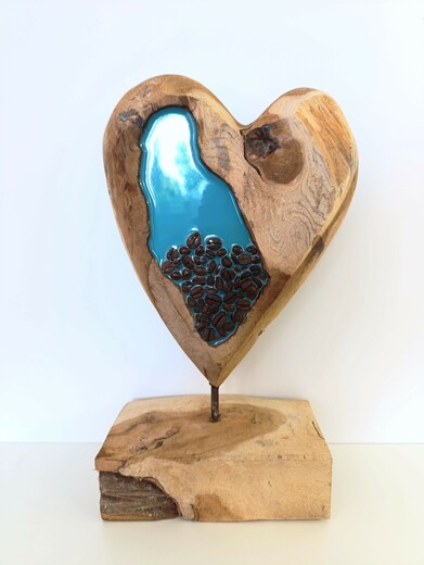 Dřevěné srdce káva a tyrkysová pryskyřice